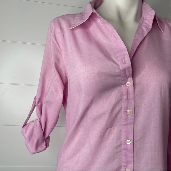 Tommy Girl Oxford Button Up L Pink Lilac White Elbow Patches Tab Sleeves Lace - Picture 4 of 11